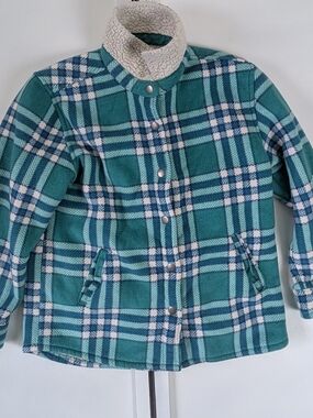 Kids Teal Plaid Sherpa Collar Snap-Front Jacket